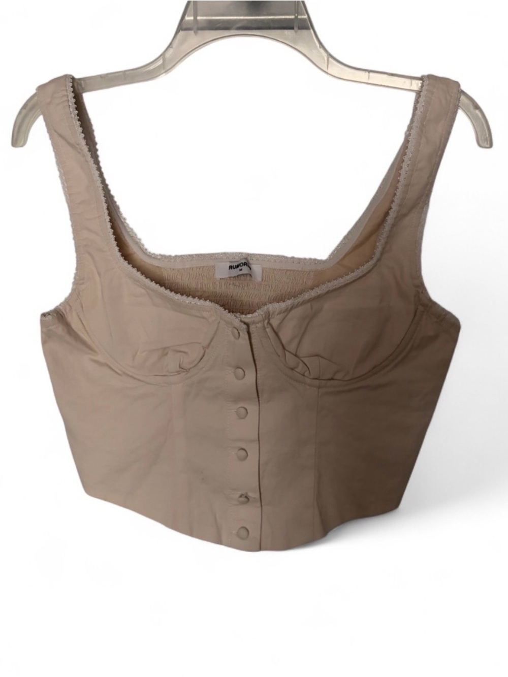 Rumored Neutral Tan Button-Front Crop Bustier